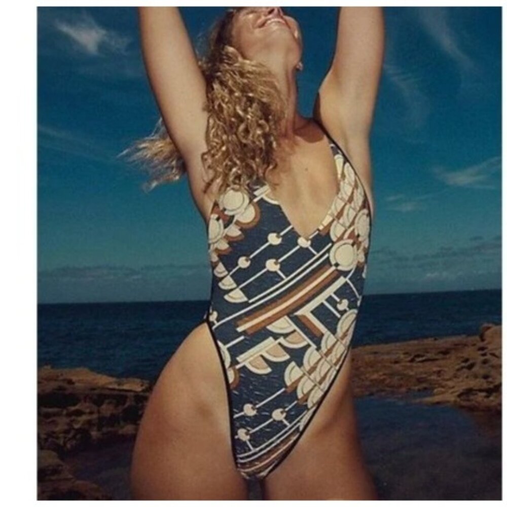 Free People Navy Blue Multi-Pattern One-Piece Swimsuit